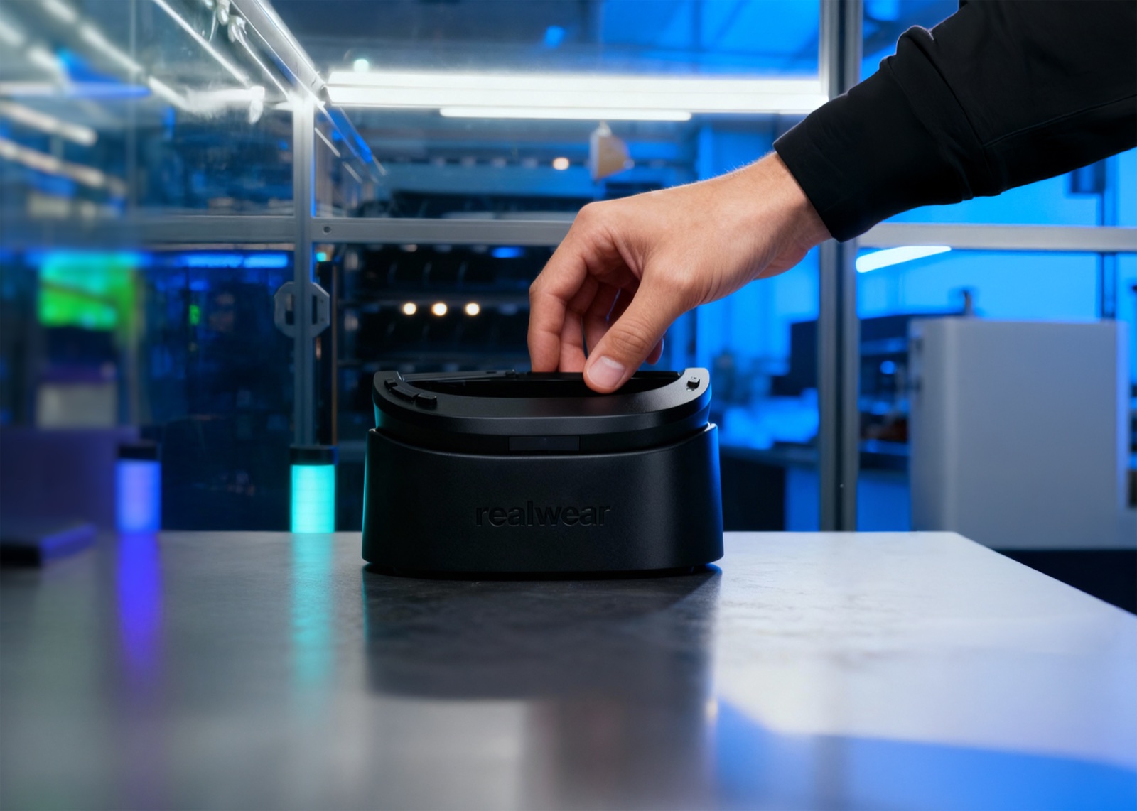 RealWear Arc 3 being placed in its charging base and accessories