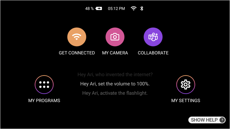 RealWear Arc 3 home screen showing the Ari voice assistant