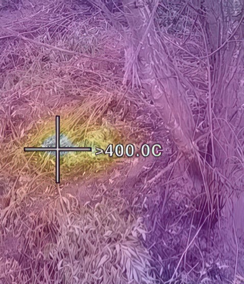 Thermal camera view of the same vegetation, showing a hidden hot spot glowing at over 400 degrees Celsius